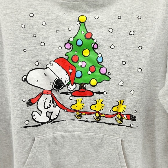 Peanuts Snoopy Christmas Tree Woodstock Hoodie Sweatshirt Light Gray Pullover L - Picture 2 of 9